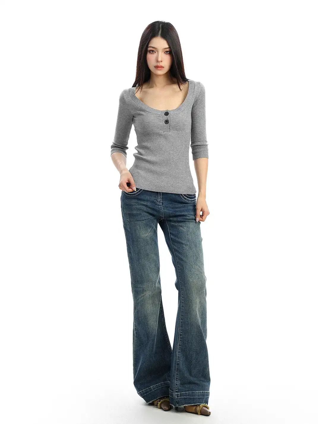 BIGGOLD | U-Neck Three-Quarter Sleeve Knit Top