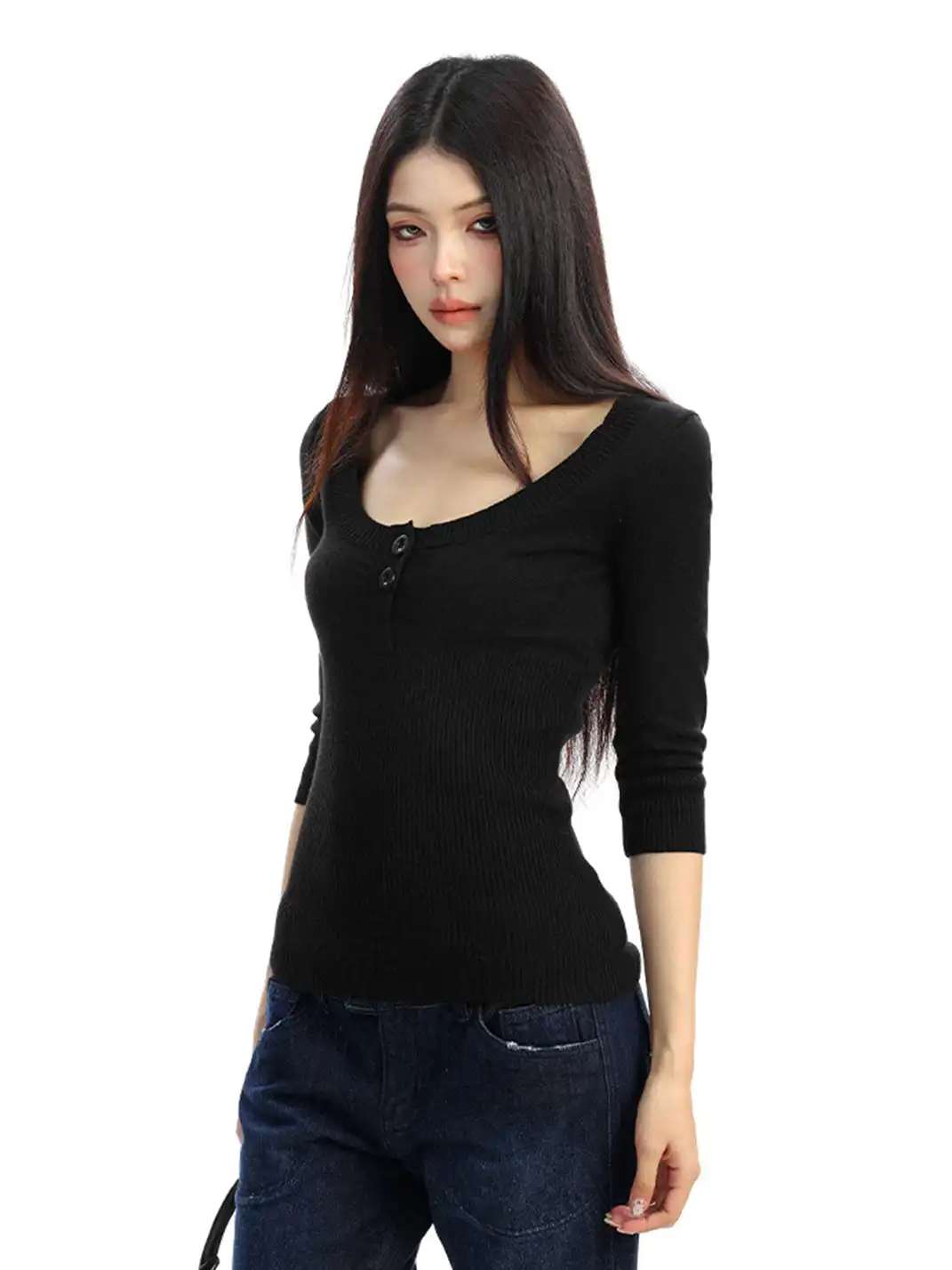 BIGGOLD | U-Neck Three-Quarter Sleeve Knit Top