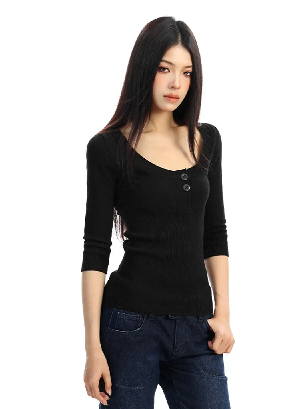 BIGGOLD | U-Neck Three-Quarter Sleeve Knit Top