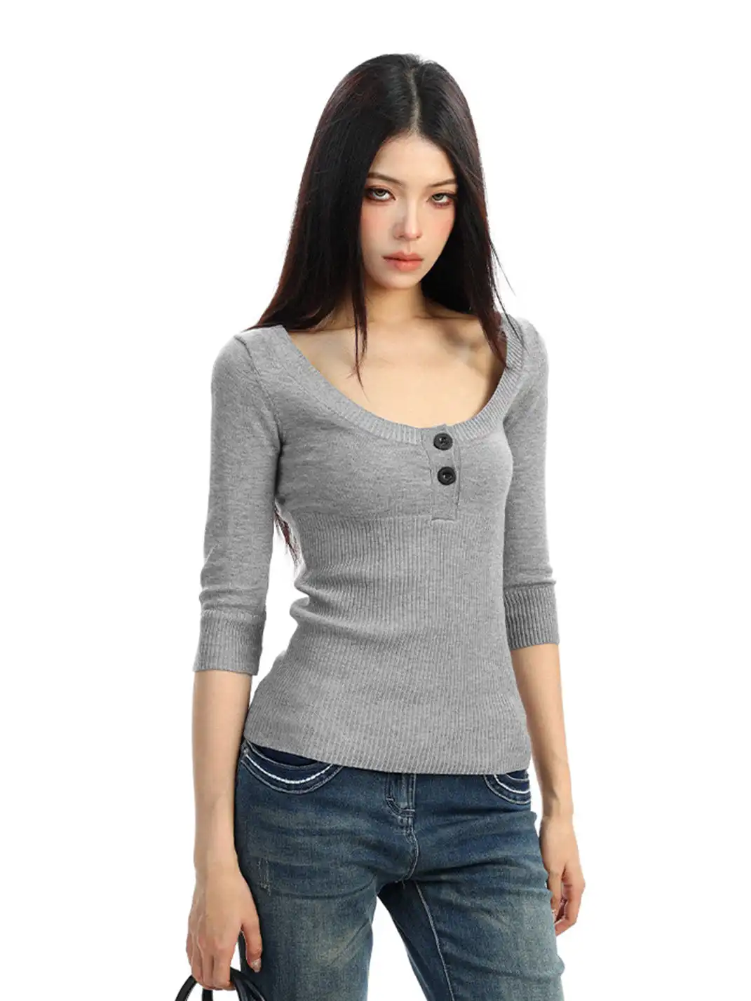 BIGGOLD | U-Neck Three-Quarter Sleeve Knit Top