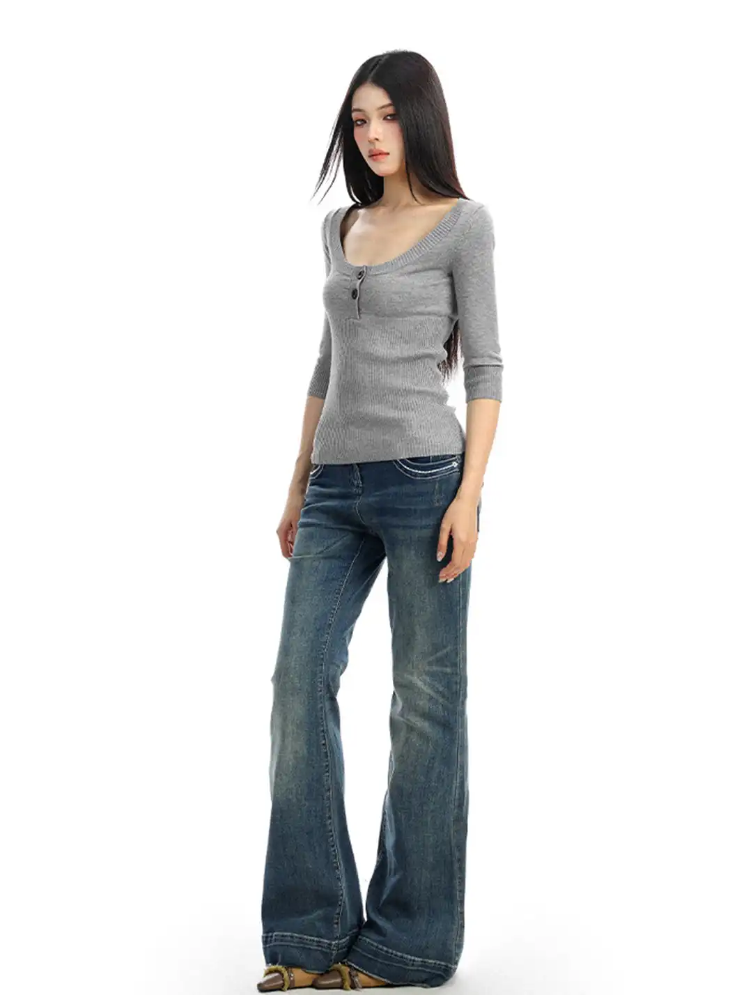 BIGGOLD | U-Neck Three-Quarter Sleeve Knit Top