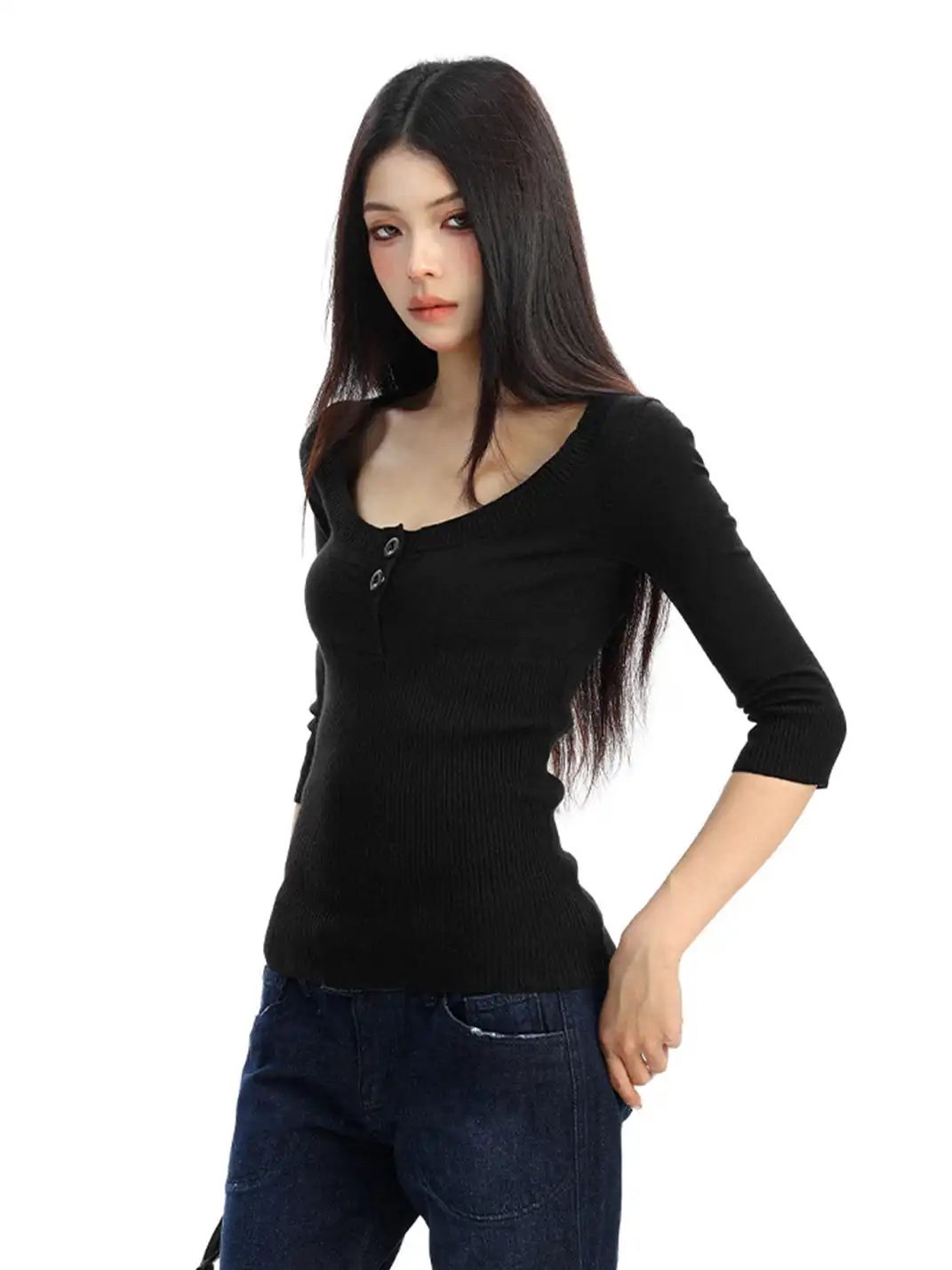 BIGGOLD | U-Neck Three-Quarter Sleeve Knit Top