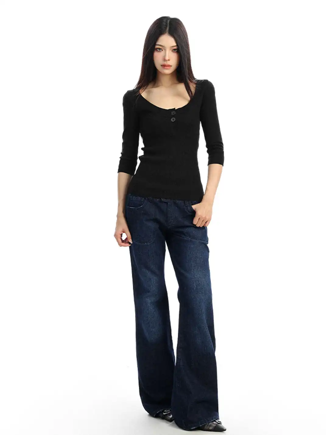 BIGGOLD | U-Neck Three-Quarter Sleeve Knit Top