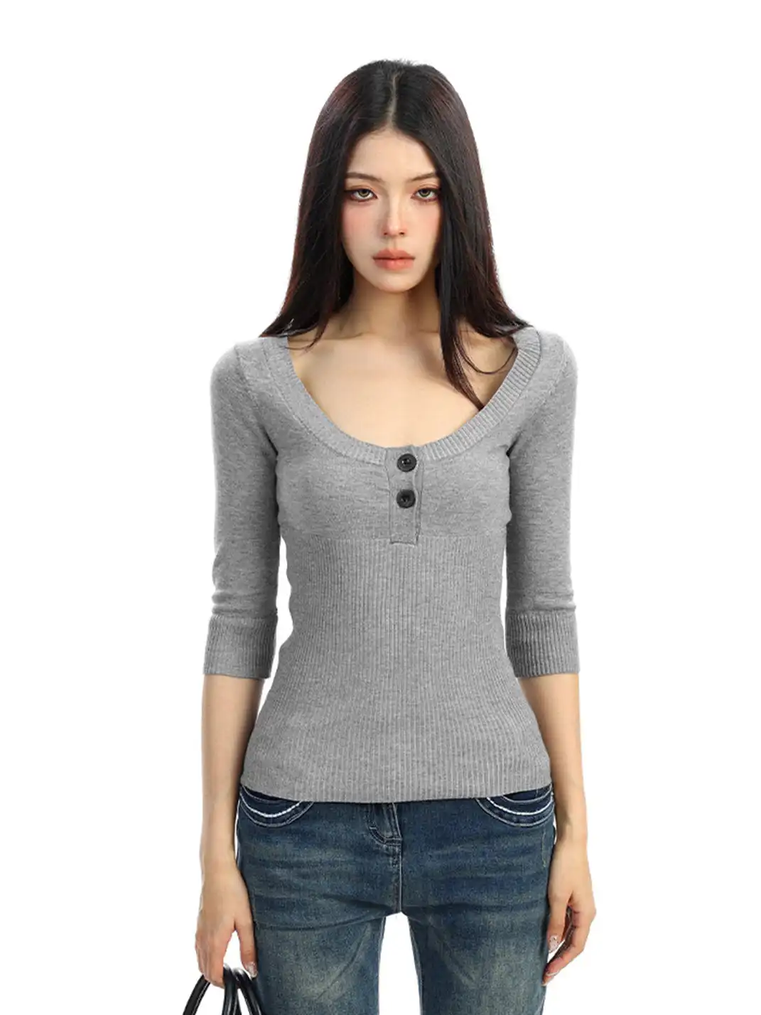 BIGGOLD | U-Neck Three-Quarter Sleeve Knit Top