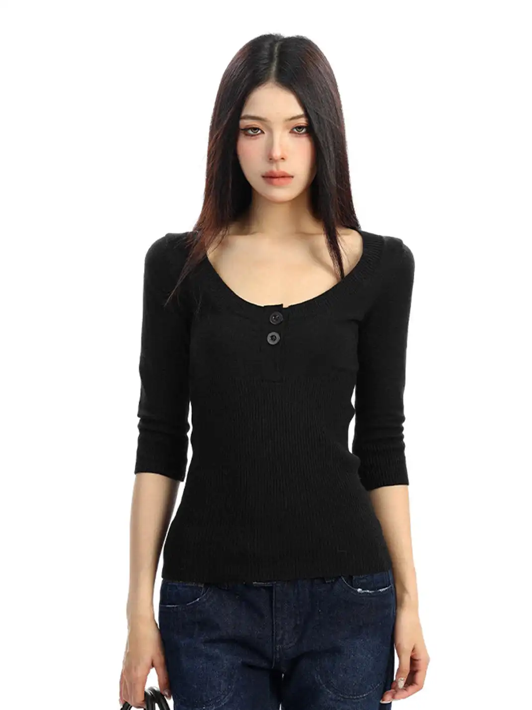 BIGGOLD | U-Neck Three-Quarter Sleeve Knit Top