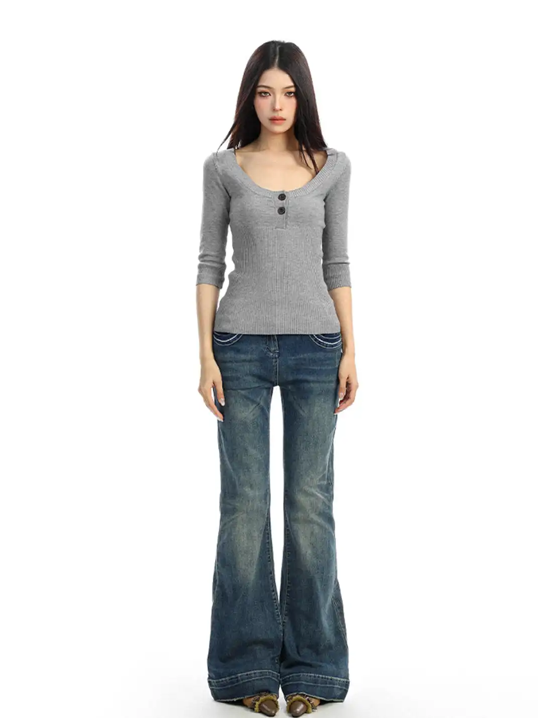BIGGOLD | U-Neck Three-Quarter Sleeve Knit Top