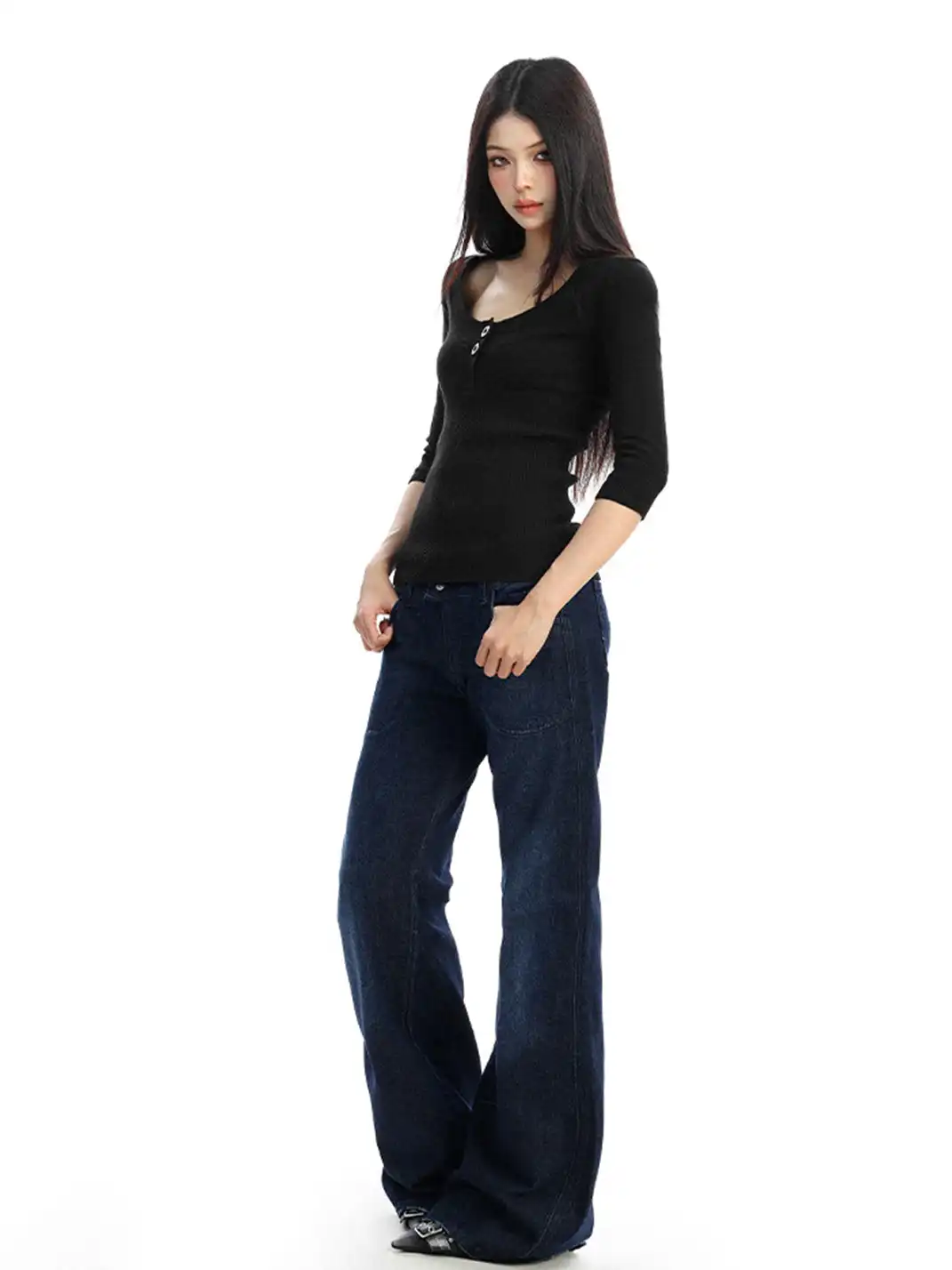 BIGGOLD | U-Neck Three-Quarter Sleeve Knit Top