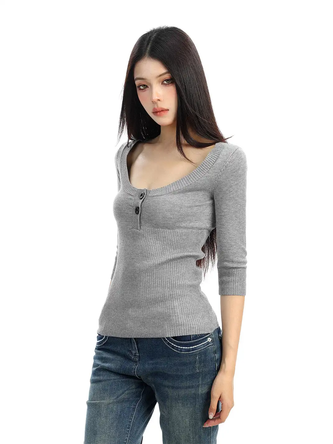 BIGGOLD | U-Neck Three-Quarter Sleeve Knit Top