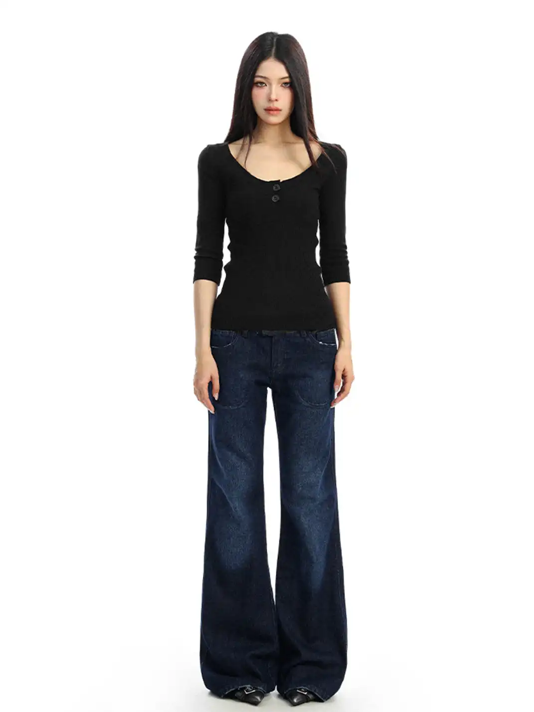 BIGGOLD | U-Neck Three-Quarter Sleeve Knit Top
