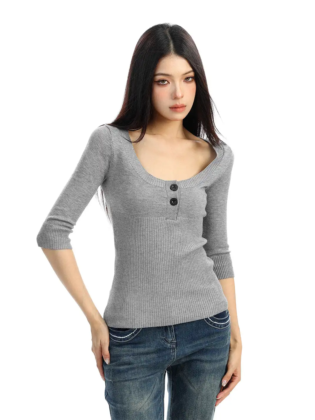 BIGGOLD | U-Neck Three-Quarter Sleeve Knit Top