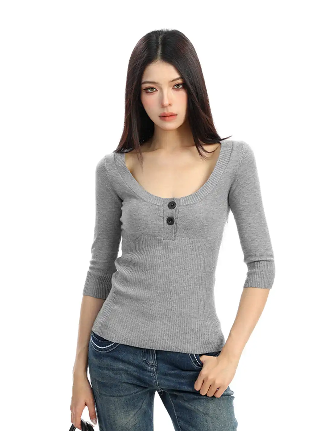BIGGOLD | U-Neck Three-Quarter Sleeve Knit Top