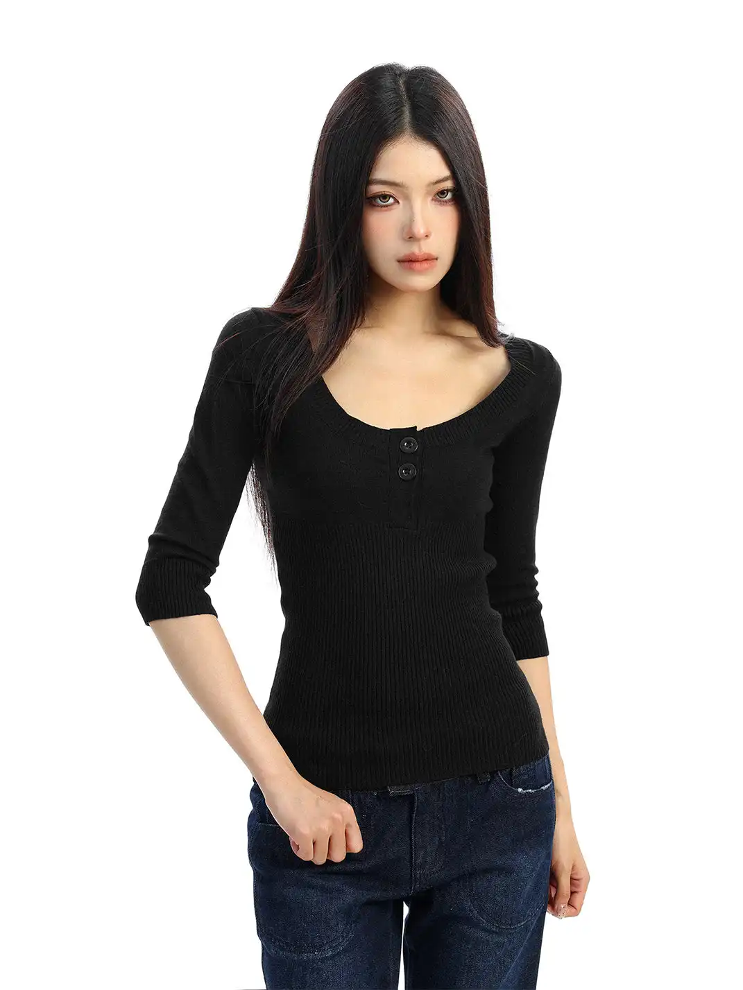 BIGGOLD | U-Neck Three-Quarter Sleeve Knit Top