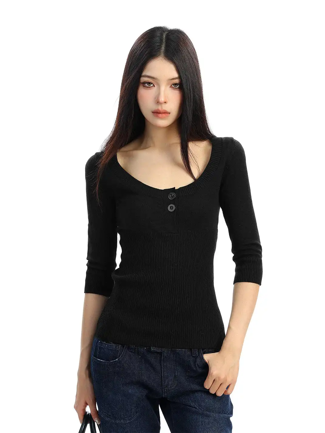 BIGGOLD | U-Neck Three-Quarter Sleeve Knit Top