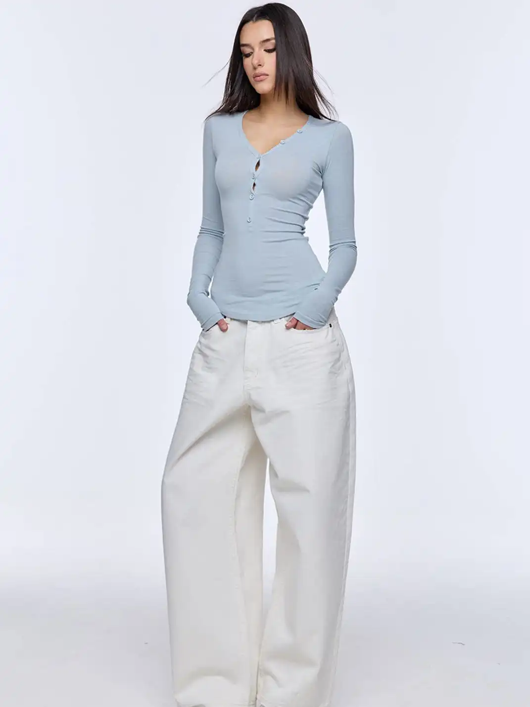 BUM STUDIO | Tencel Wool V-Neck Long-Sleeved Top