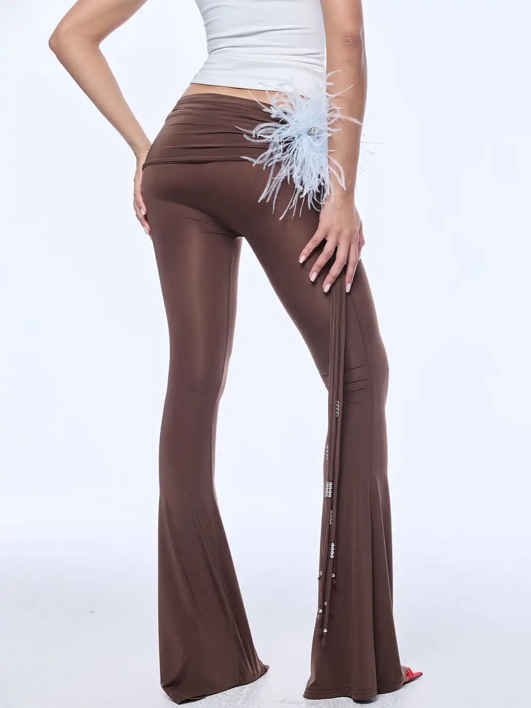 BUM STUDIO | Irregular Waistband Beaded Flared Trousers