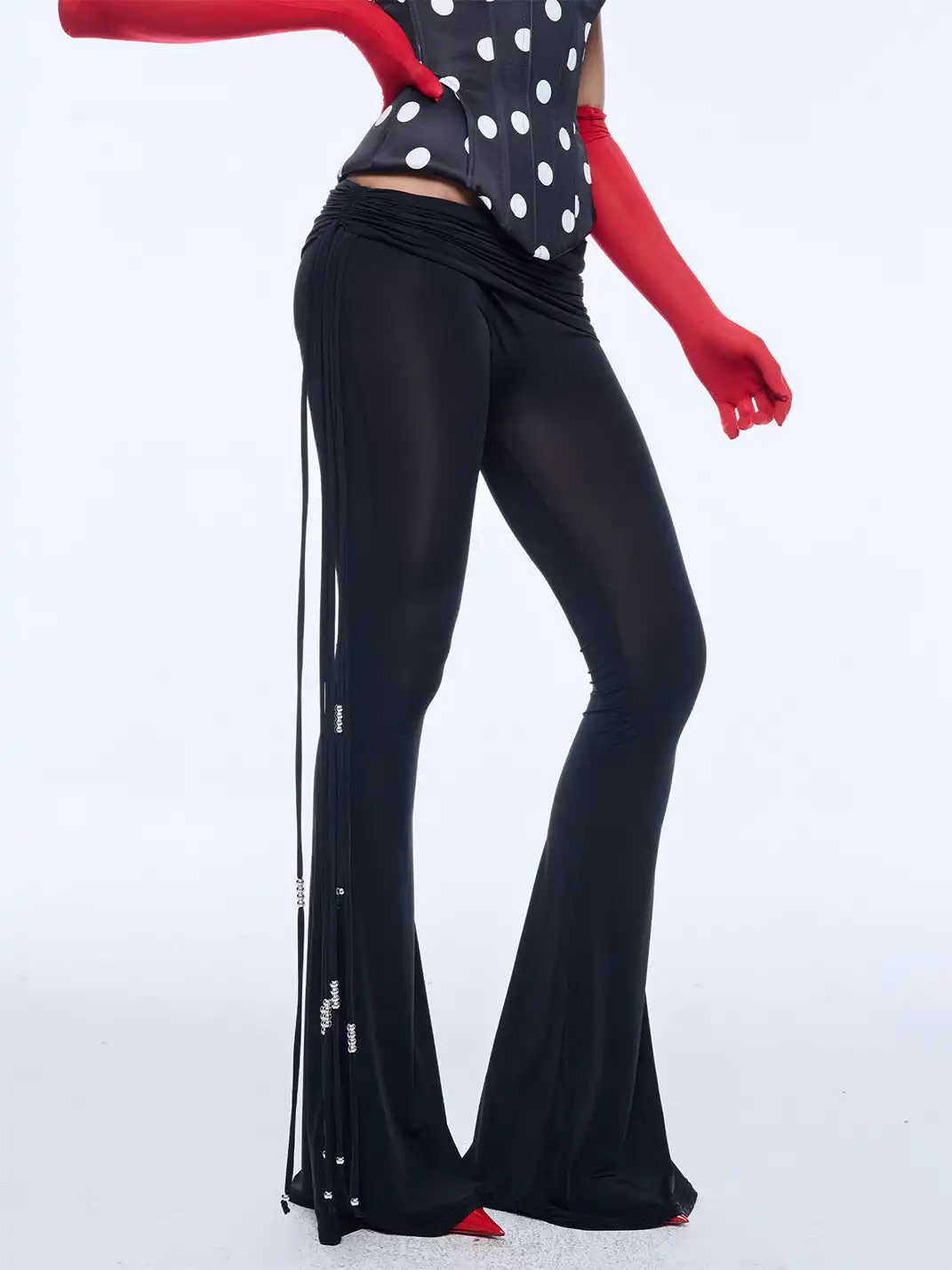 BUM STUDIO | Irregular Waistband Beaded Flared Trousers