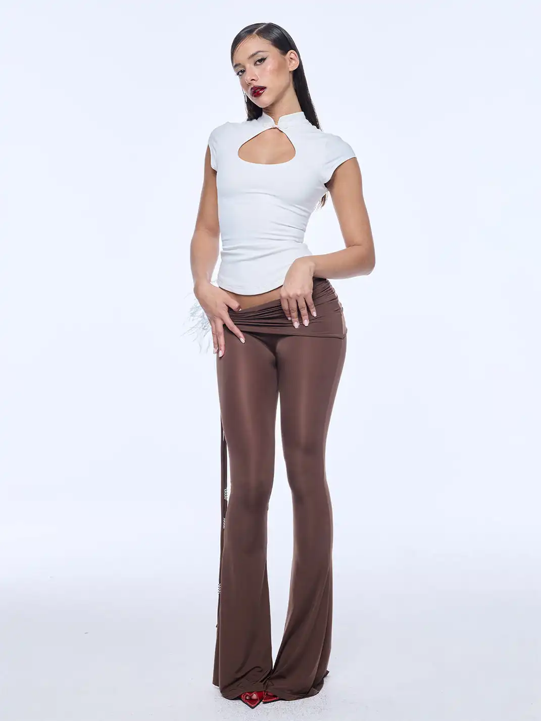 BUM STUDIO | Irregular Waistband Beaded Flared Trousers
