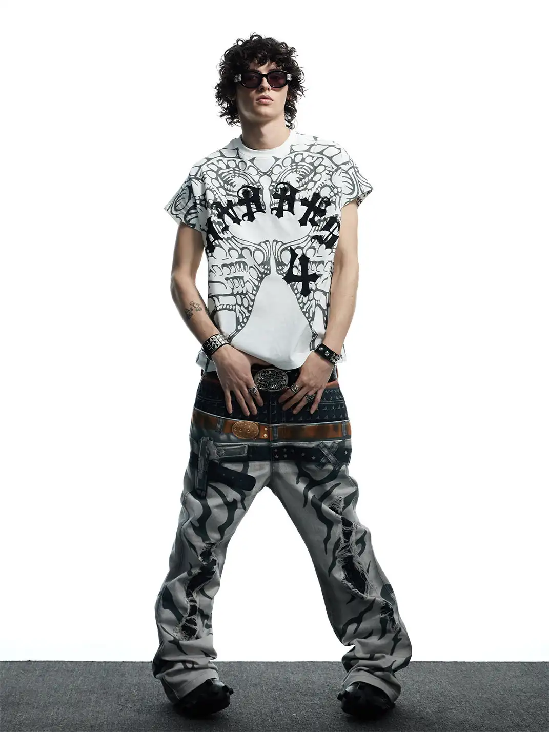 DND4DES | Printed Double Waistband Pistol Tiger Stripe Jeans-White