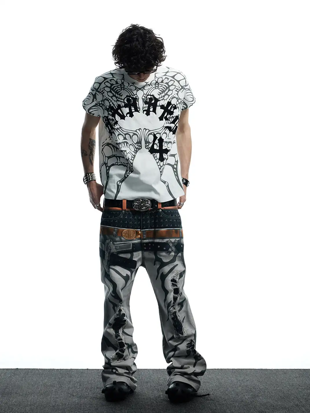 DND4DES | Printed Double Waistband Pistol Tiger Stripe Jeans-White