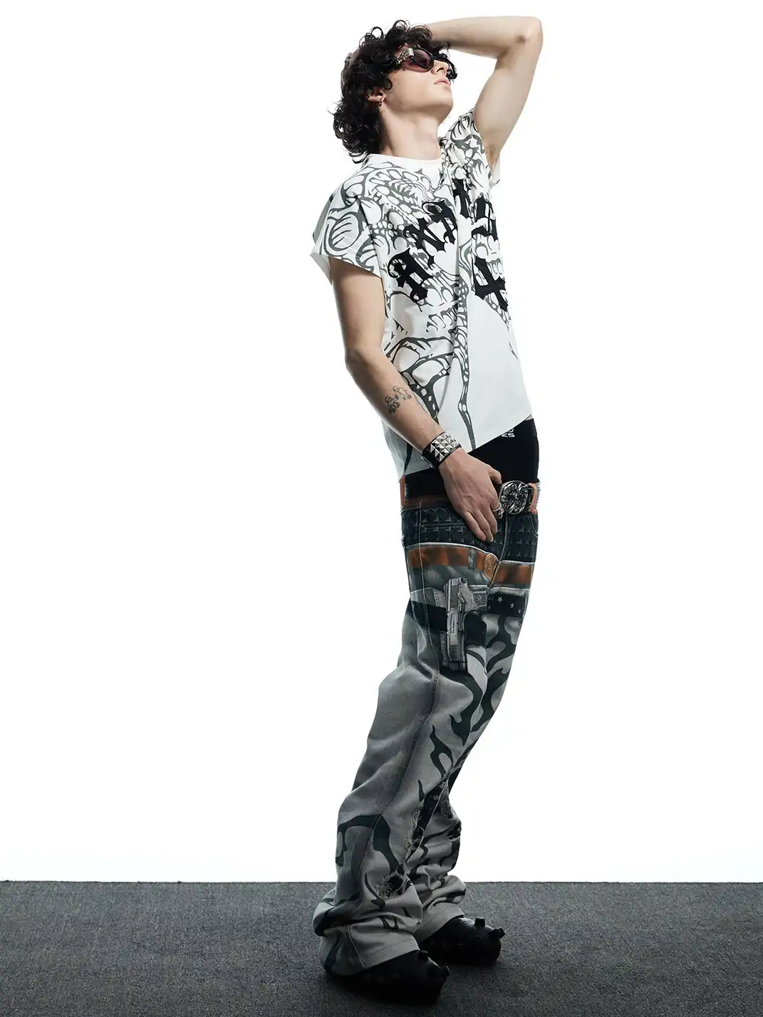 DND4DES | Printed Double Waistband Pistol Tiger Stripe Jeans-White