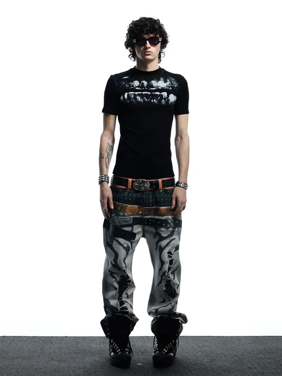 DND4DES | Printed Double Waistband Pistol Tiger Stripe Jeans-White