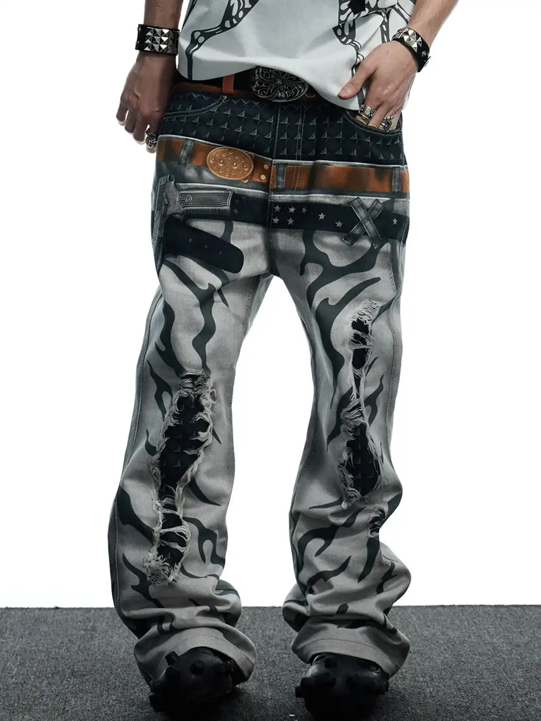 DND4DES | Printed Double Waistband Pistol Tiger Stripe Jeans-White