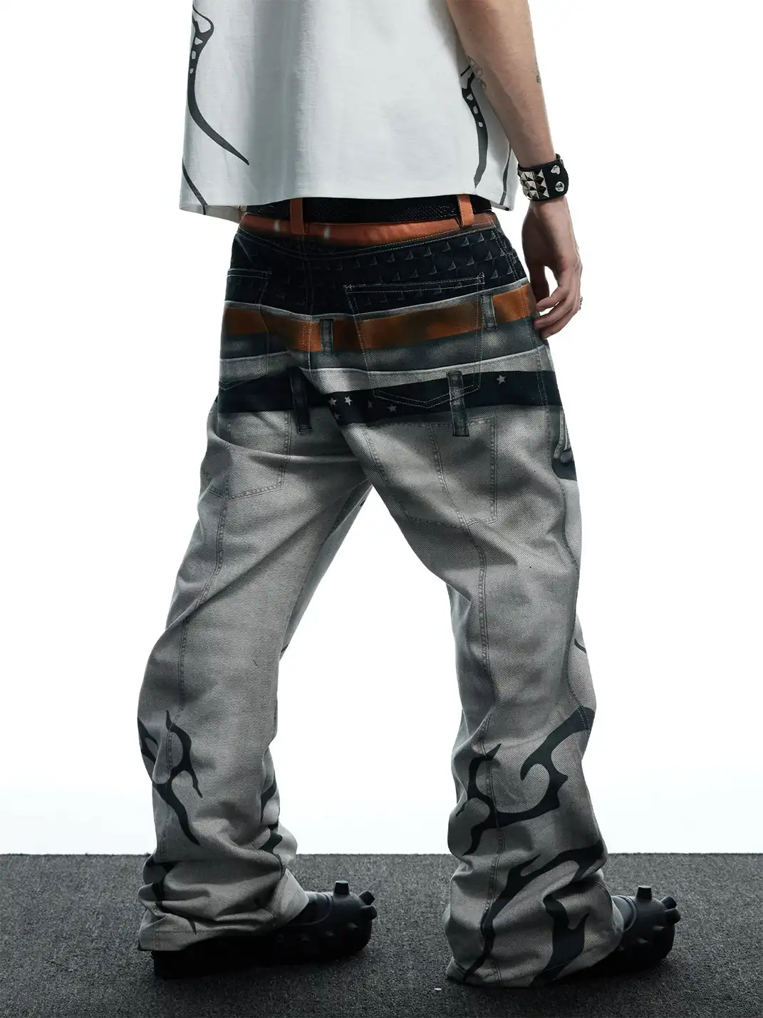DND4DES | Printed Double Waistband Pistol Tiger Stripe Jeans-White