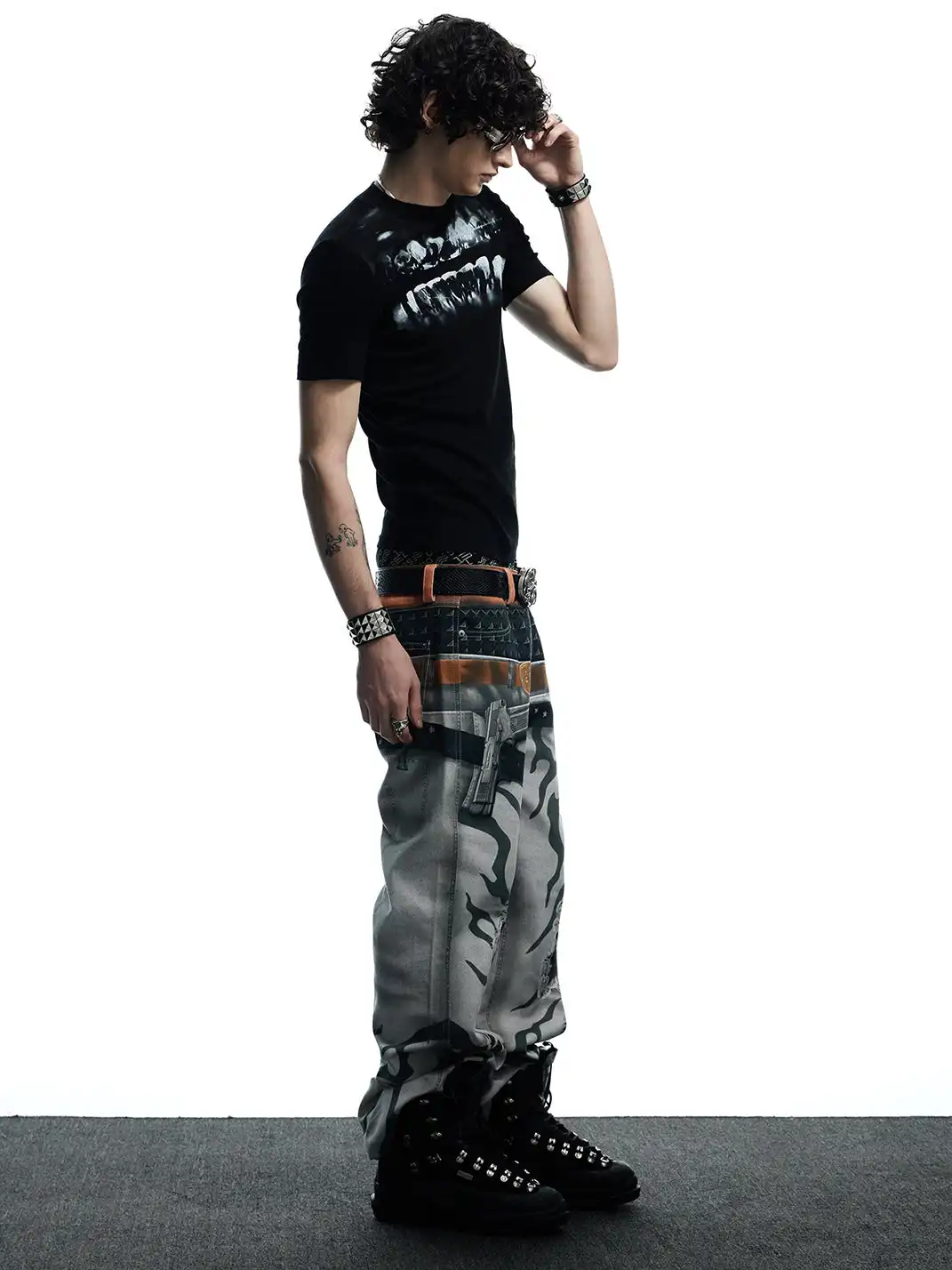 DND4DES | Printed Double Waistband Pistol Tiger Stripe Jeans-White