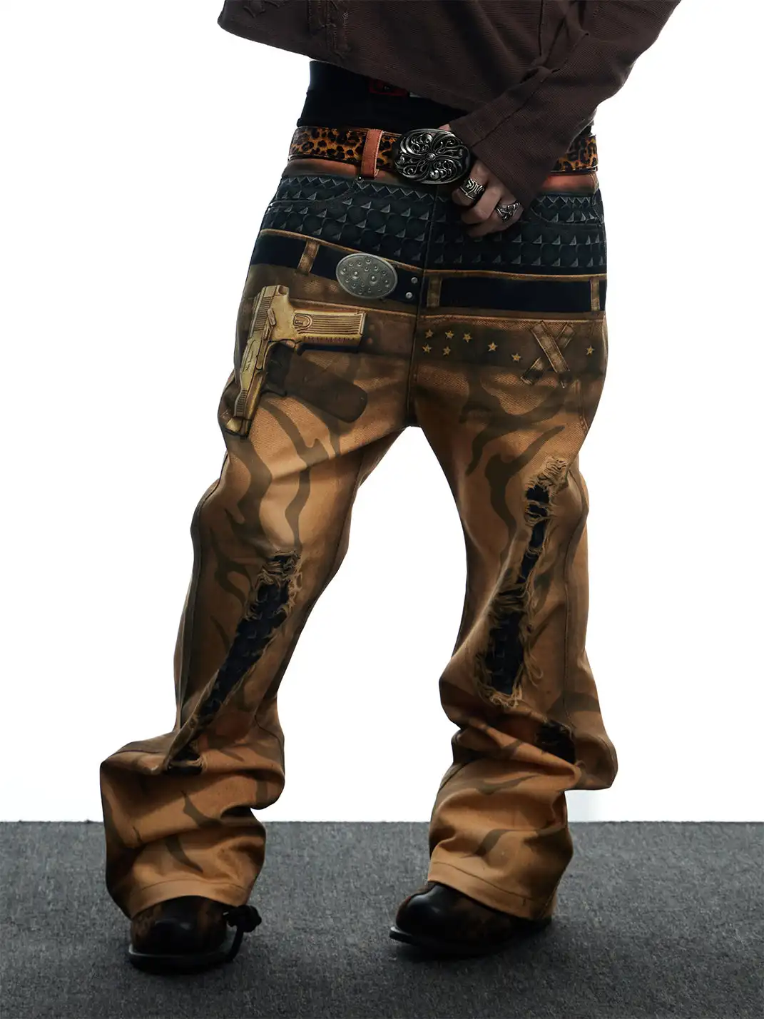 DND4DES | Printed Double Waistband Pistol Tiger Stripe Jeans-Khaki