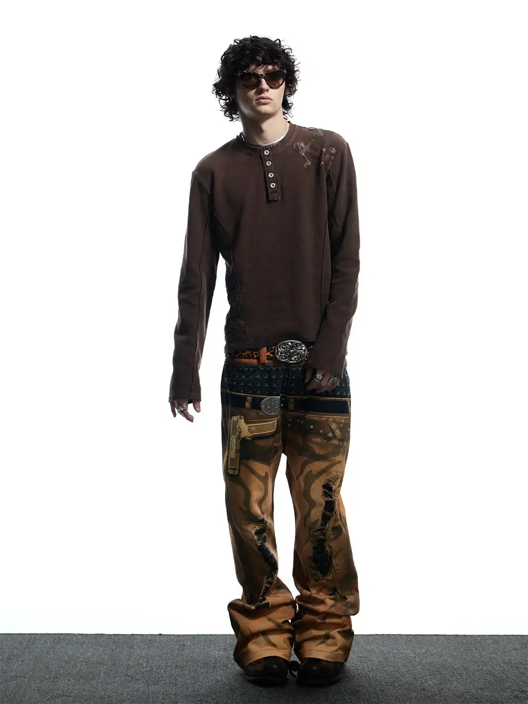 DND4DES | Printed Double Waistband Pistol Tiger Stripe Jeans-Khaki