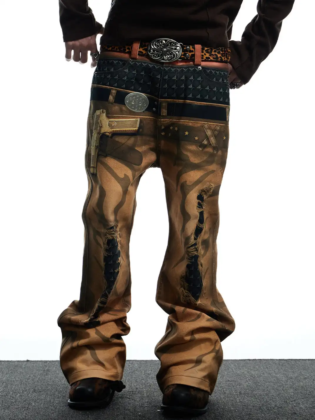 DND4DES | Printed Double Waistband Pistol Tiger Stripe Jeans-Khaki