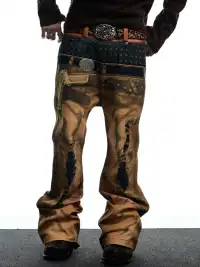 DND4DES | Printed Double Waistband Pistol Tiger Stripe Jeans-Khaki