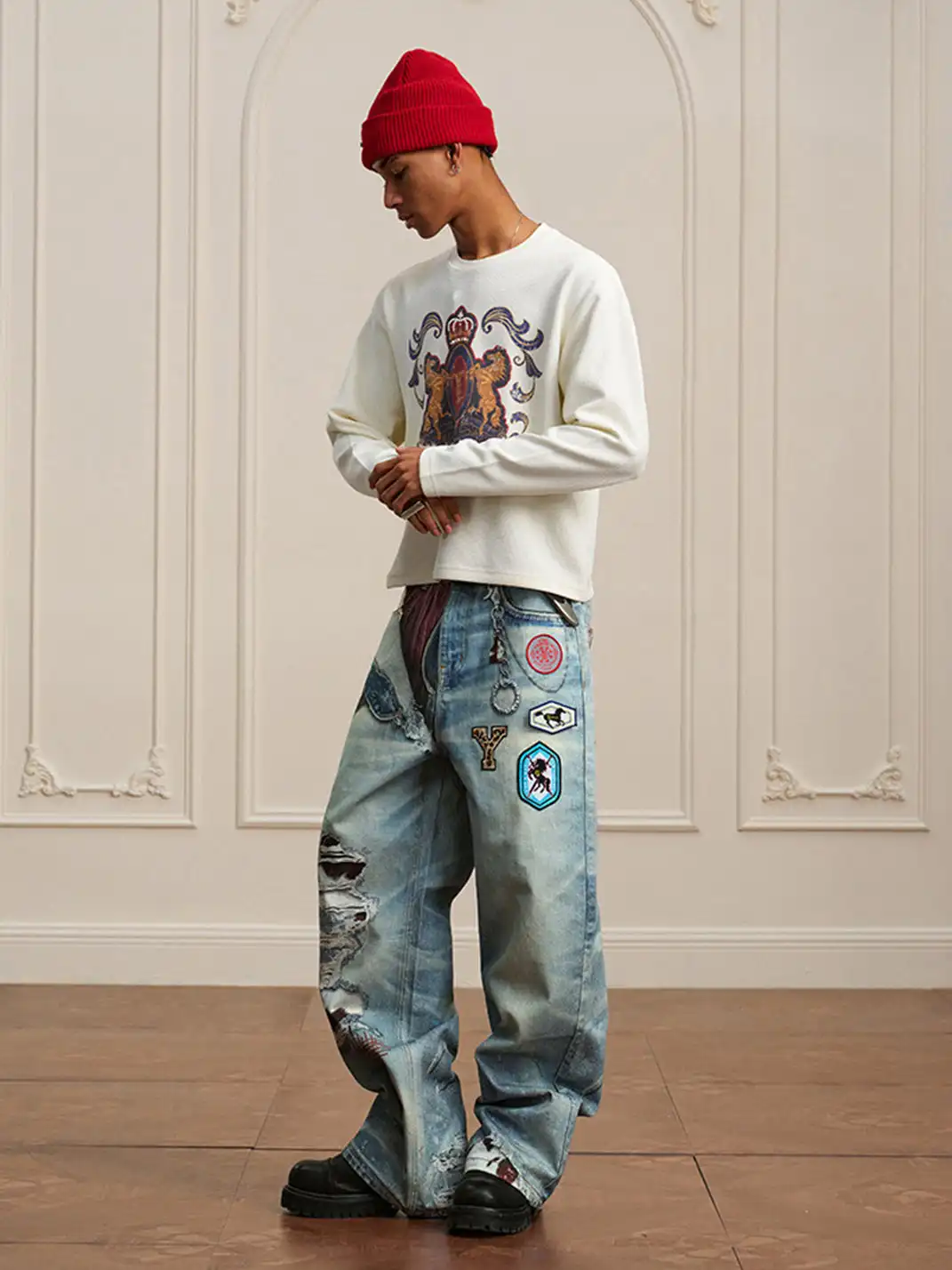 YADcrew | 3D Printed Floral Wide-Leg Jeans