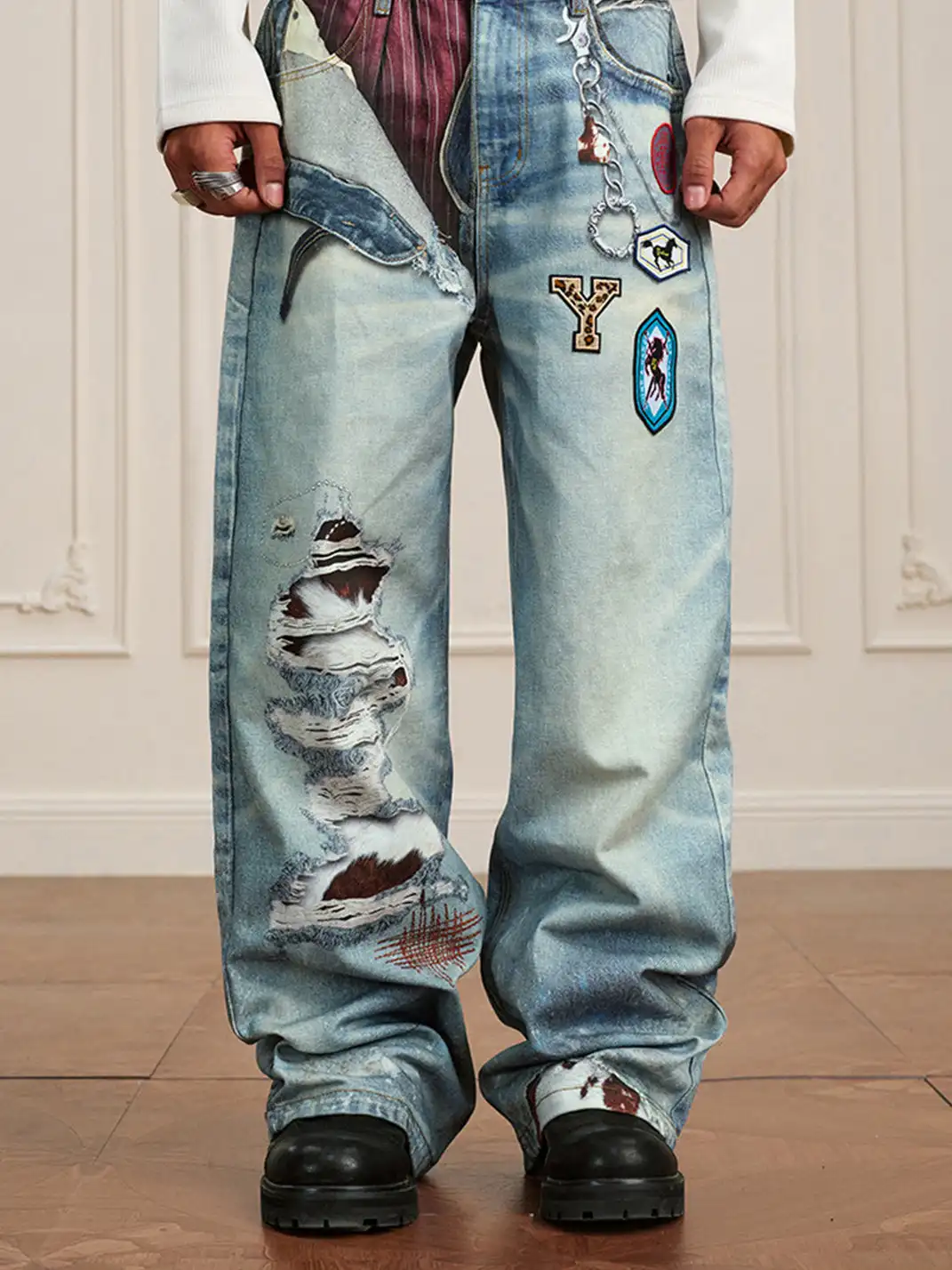YADcrew | 3D Printed Floral Wide-Leg Jeans