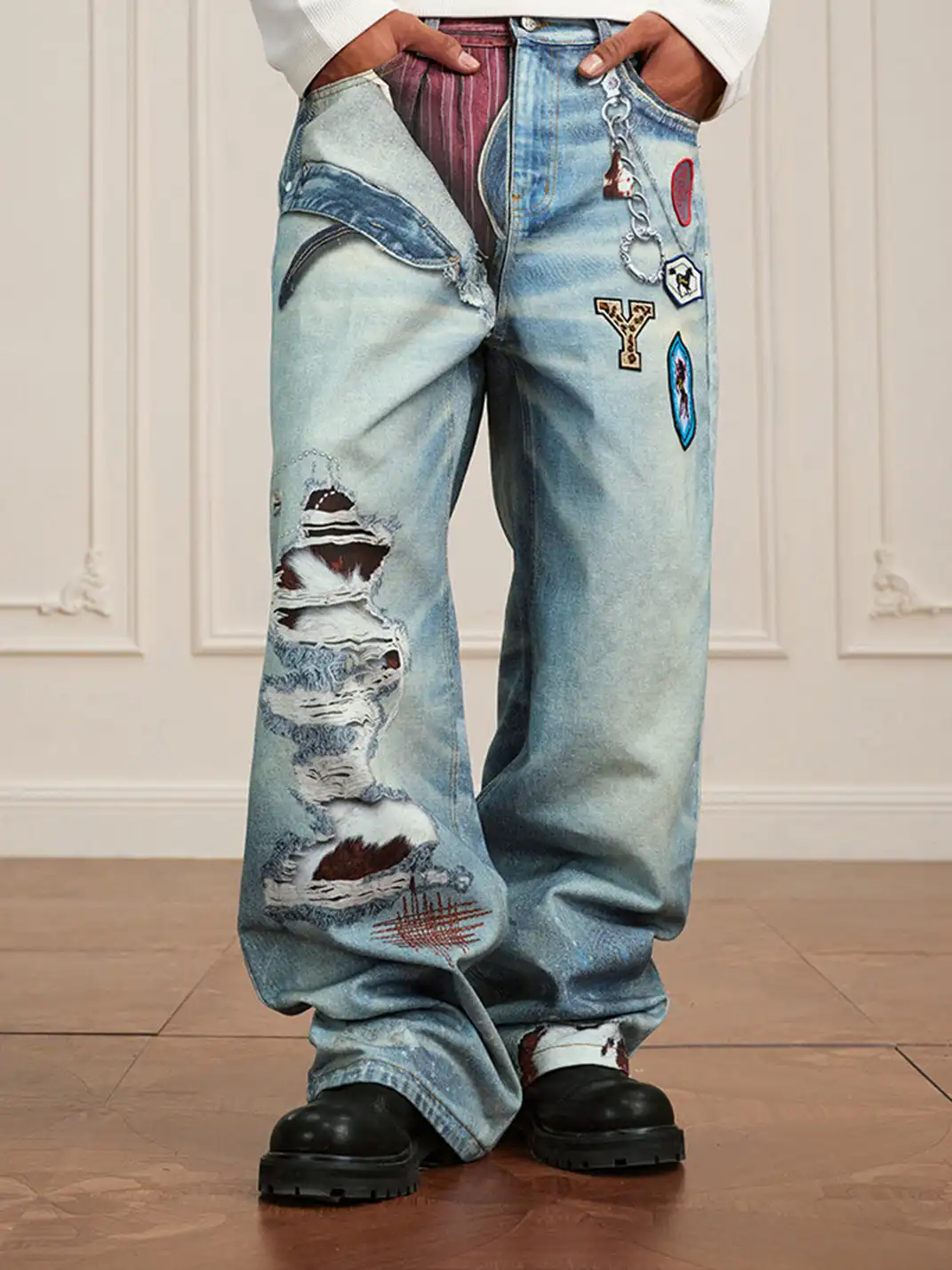 YADcrew | 3D Printed Floral Wide-Leg Jeans