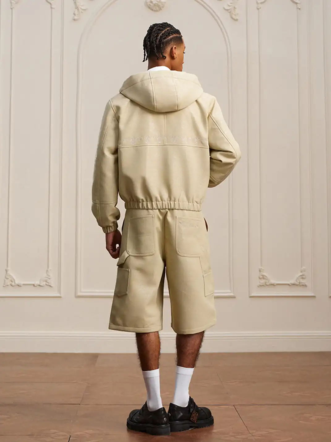 YADcrew | Crackle Pattern Hooded Leather Jacket
