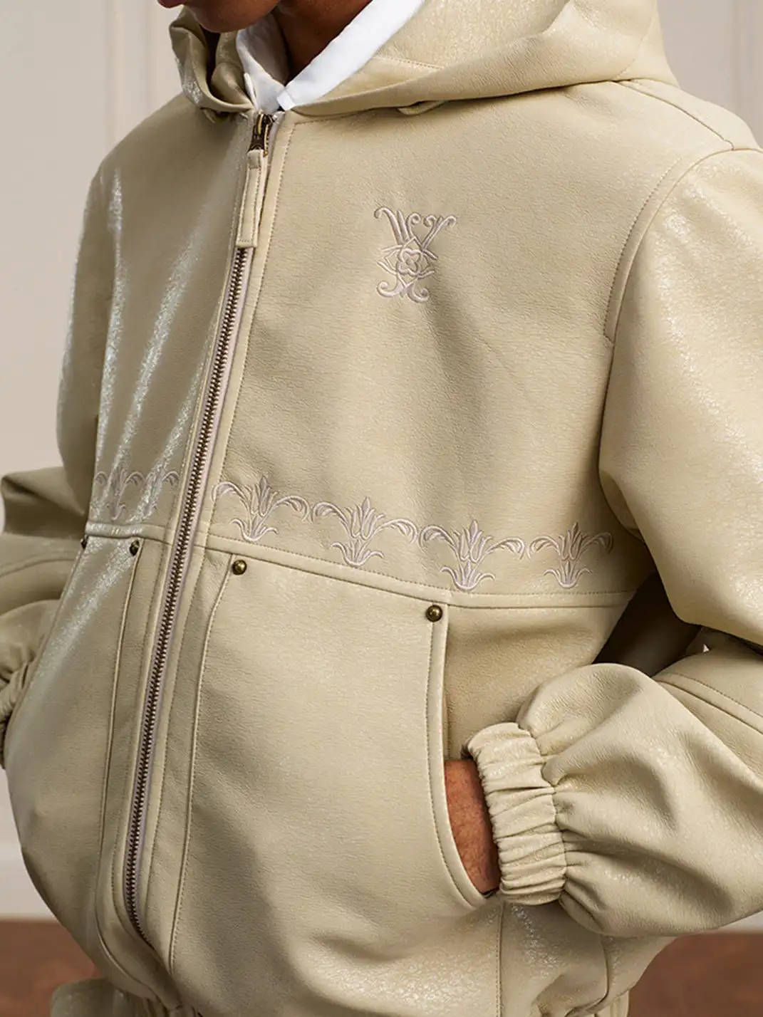 YADcrew | Crackle Pattern Hooded Leather Jacket