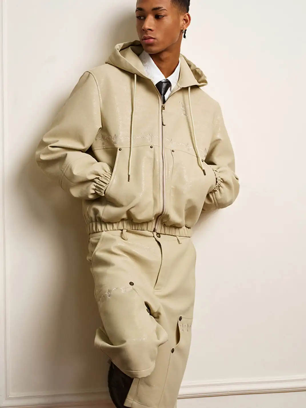YADcrew | Crackle Pattern Hooded Leather Jacket