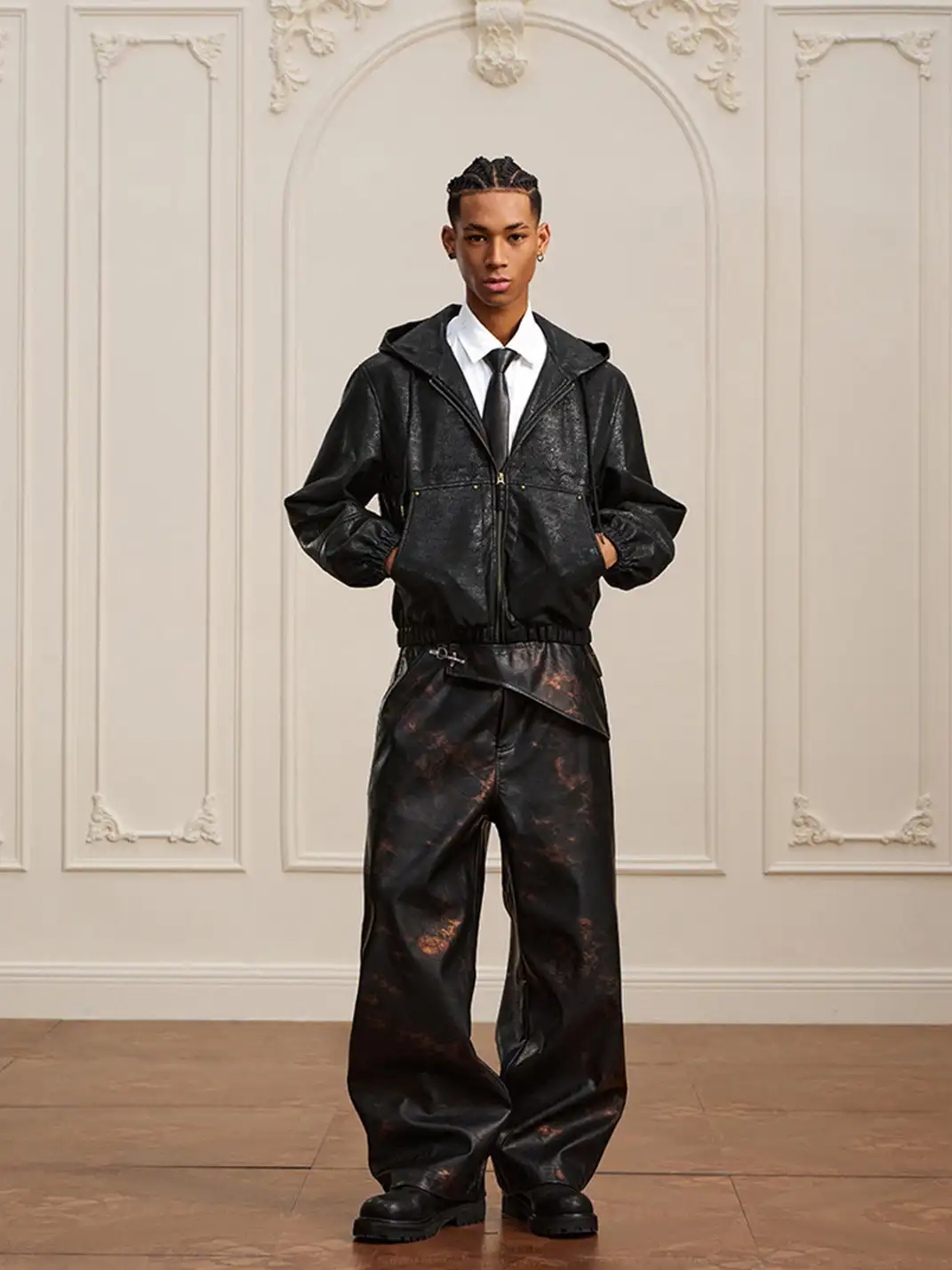 YADcrew | Crackle Pattern Hooded Leather Jacket