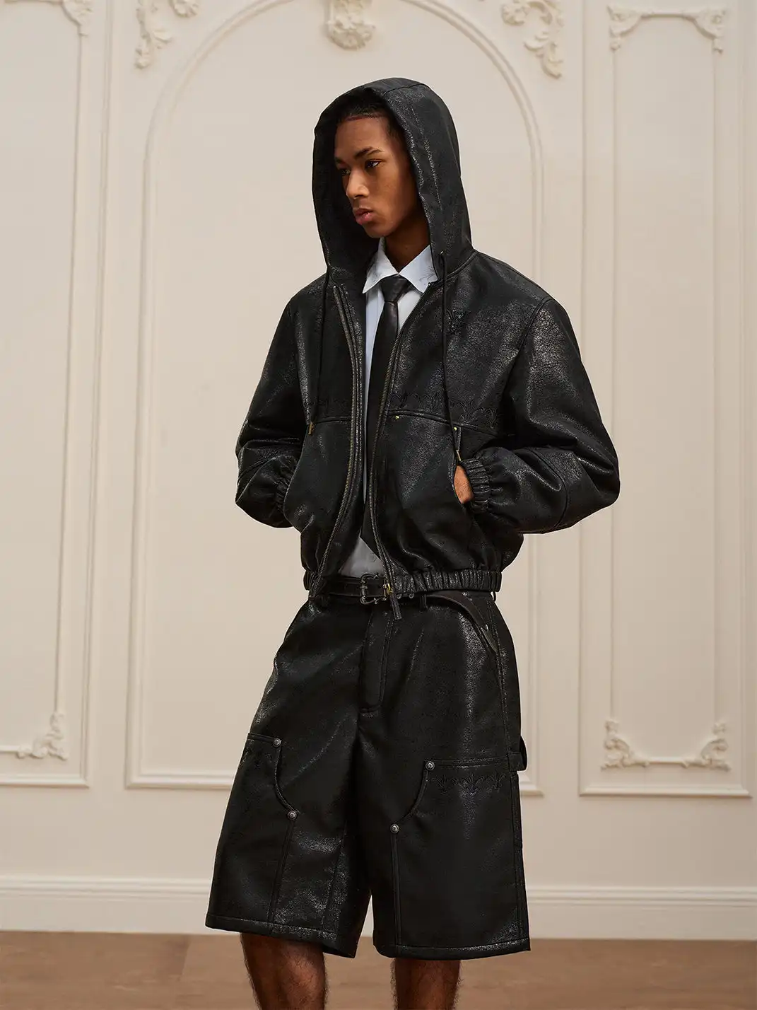 YADcrew | Crackle Pattern Hooded Leather Jacket