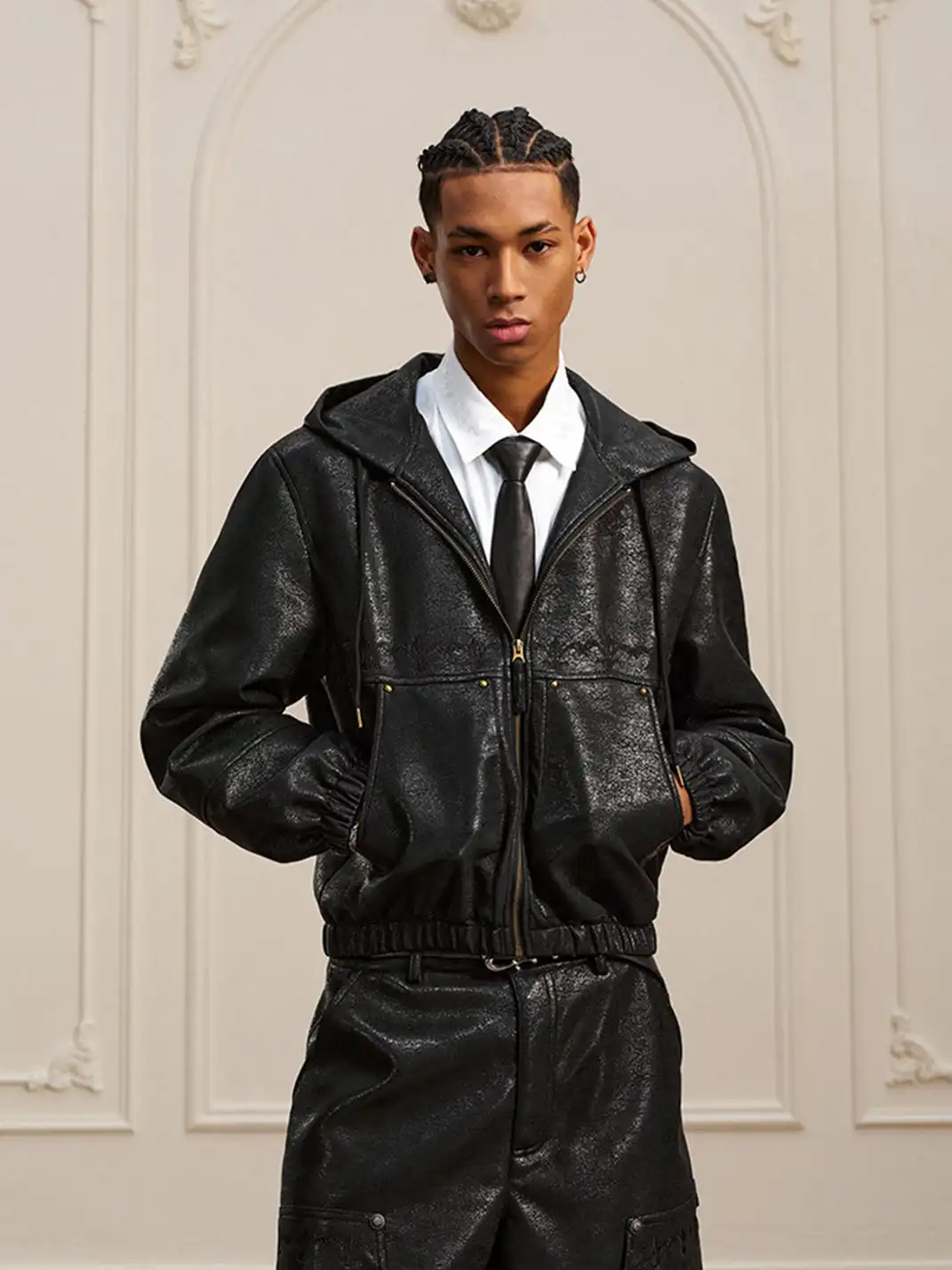 YADcrew | Crackle Pattern Hooded Leather Jacket