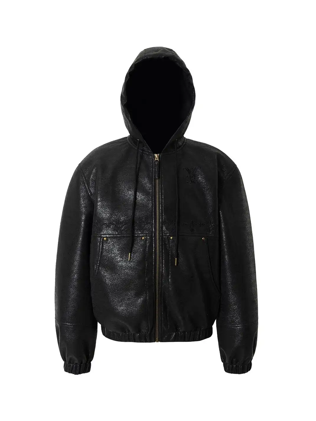 YADcrew | Crackle Pattern Hooded Leather Jacket