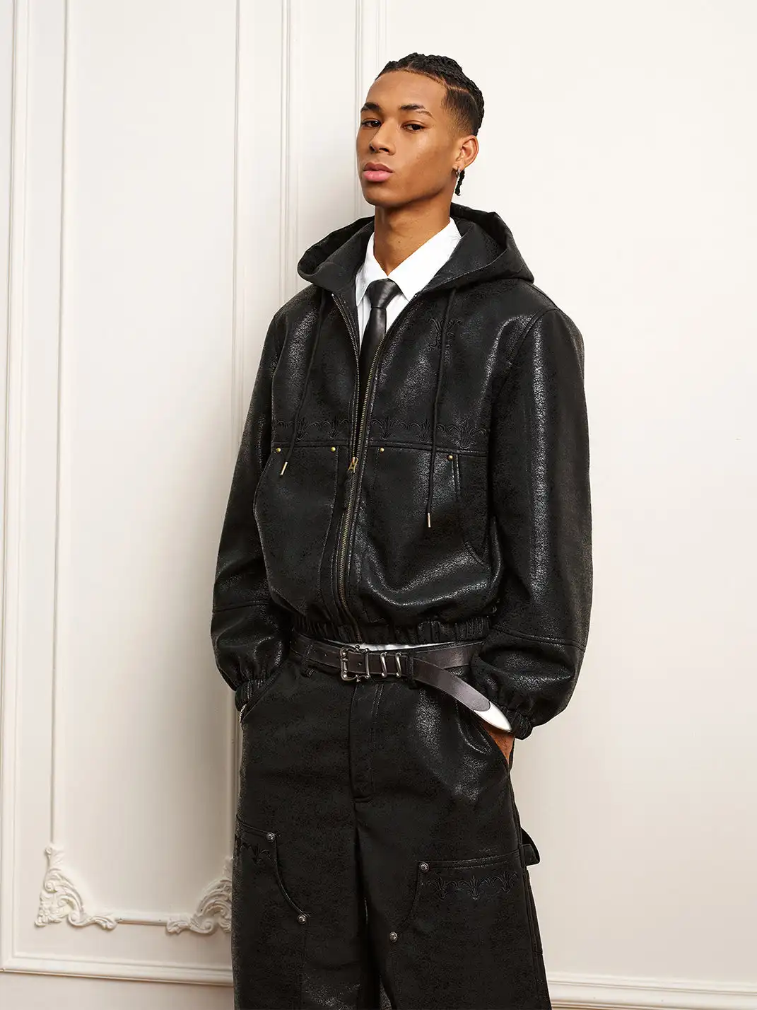 YADcrew | Crackle Pattern Hooded Leather Jacket