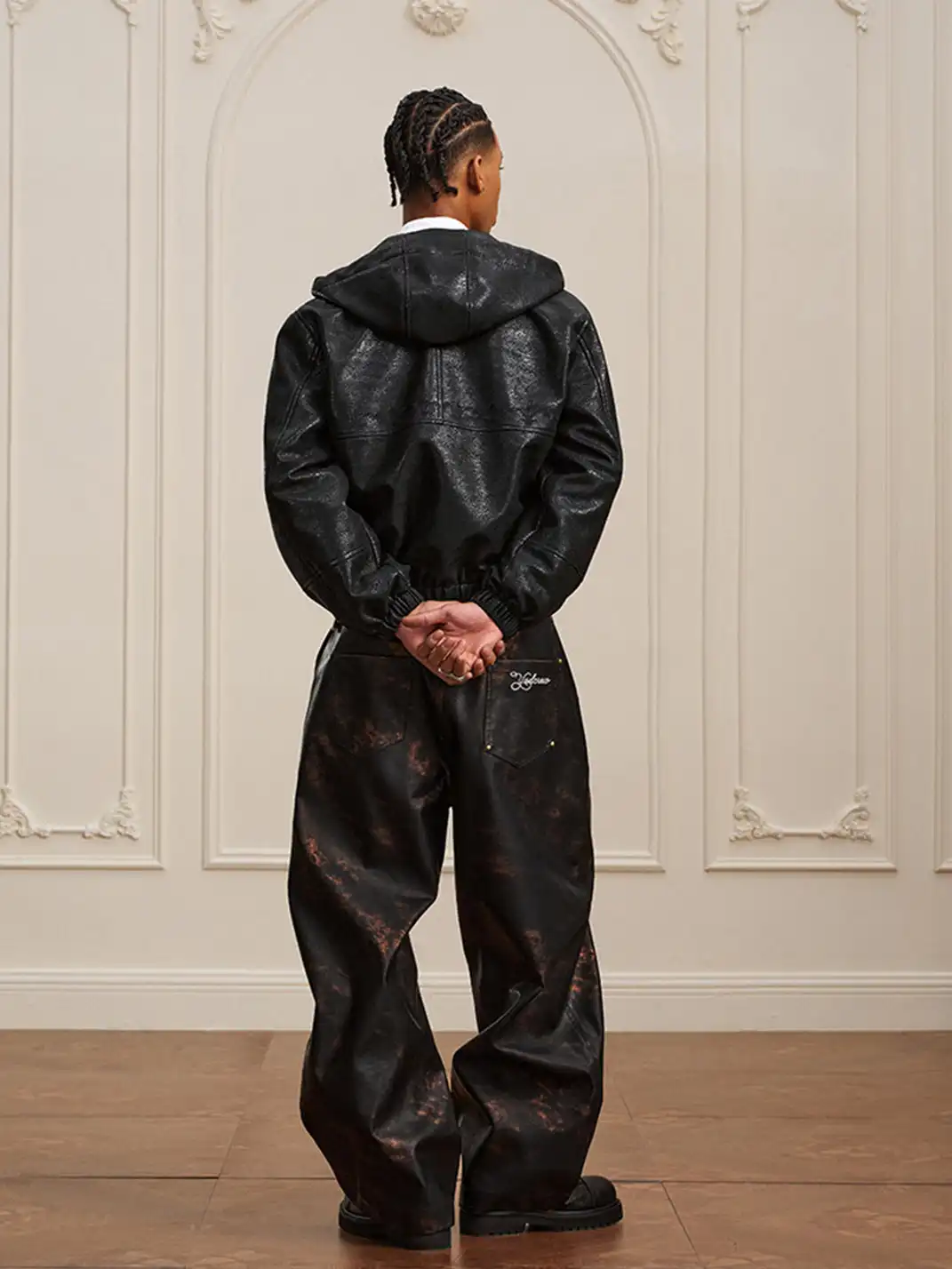 YADcrew | Crackle Pattern Hooded Leather Jacket