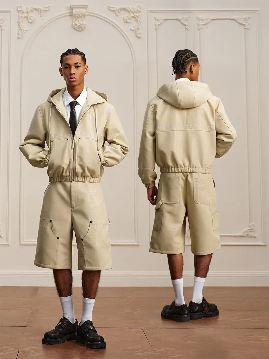 YADcrew | Crackle Pattern Hooded Leather Jacket