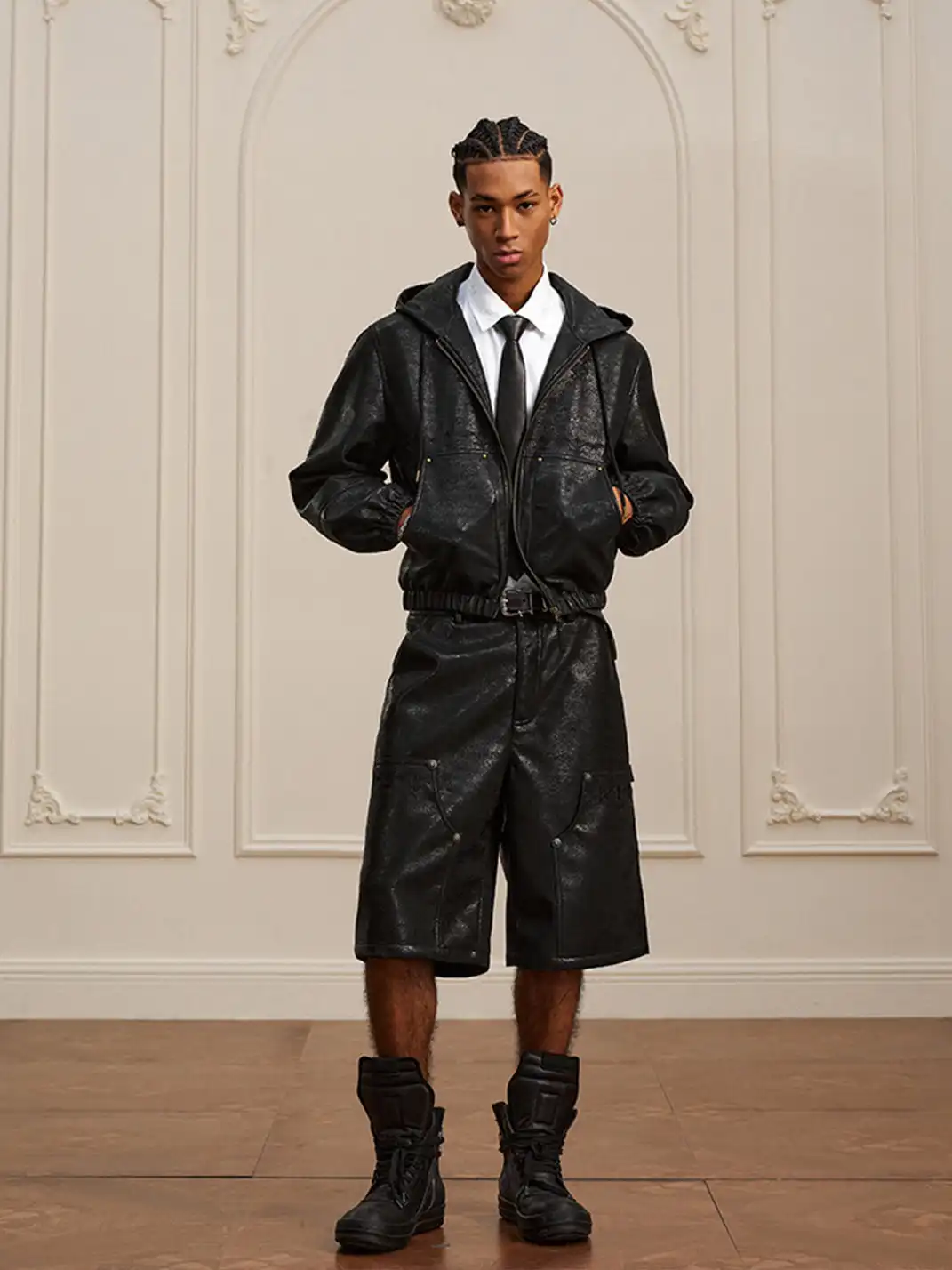 YADcrew | Crackle Pattern Hooded Leather Jacket