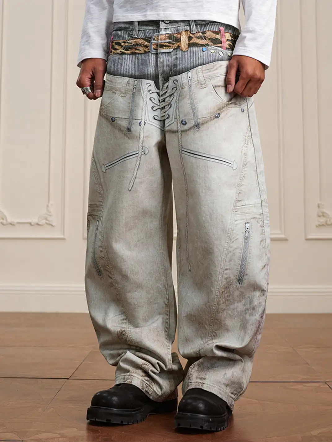 YADcrew | Leopard Print Double-Waisted Wide-Leg Jeans