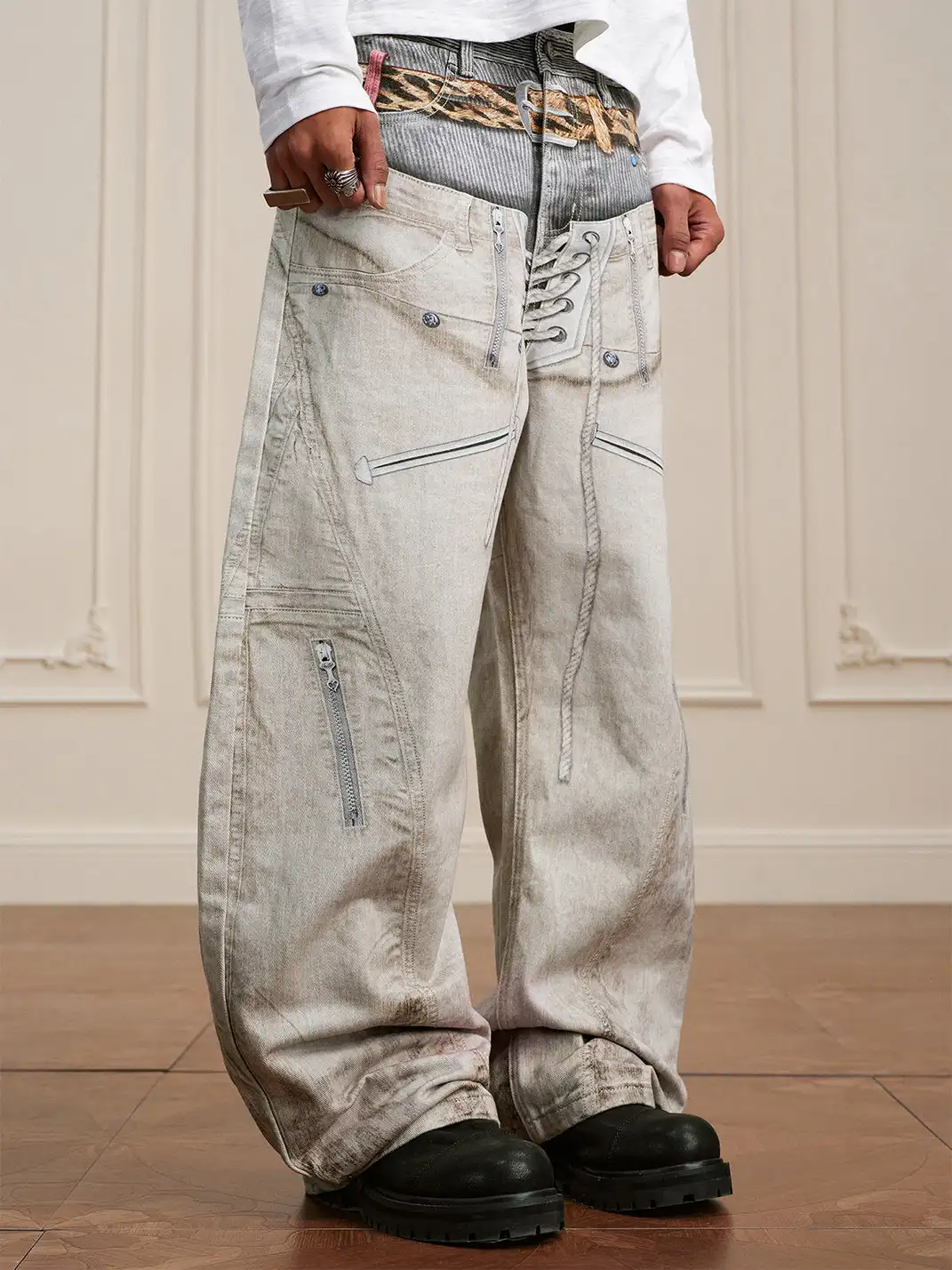 YADcrew | Leopard Print Double-Waisted Wide-Leg Jeans