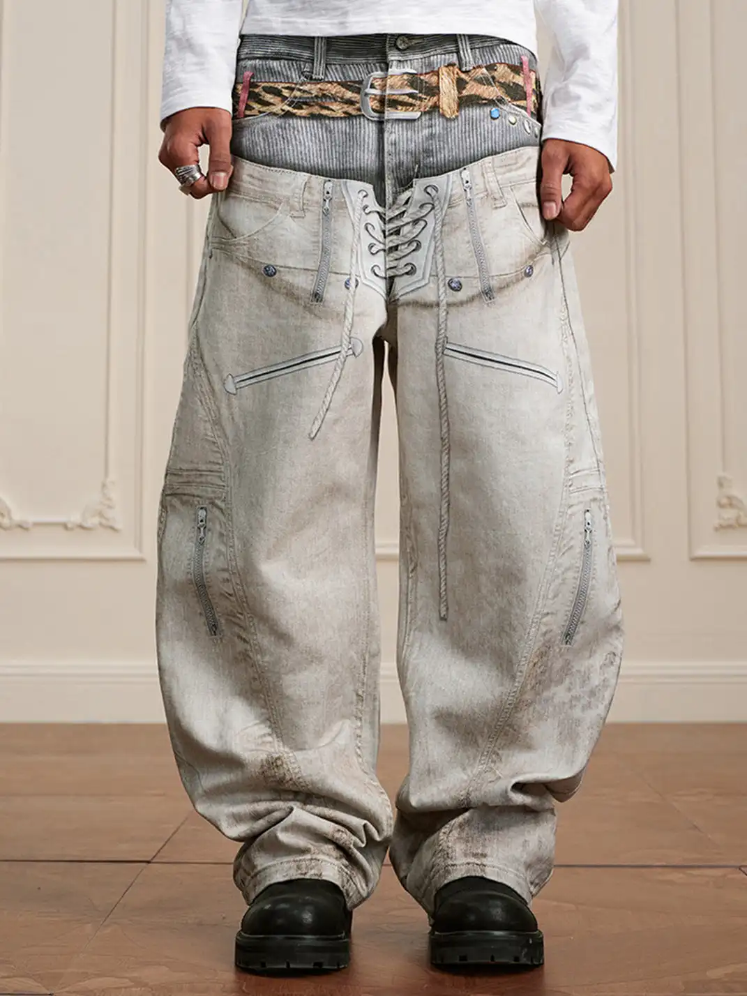 YADcrew | Leopard Print Double-Waisted Wide-Leg Jeans