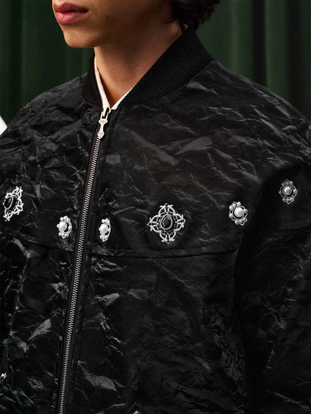 YADcrew | Jewelry-Studded Embroidered Leather Jacket